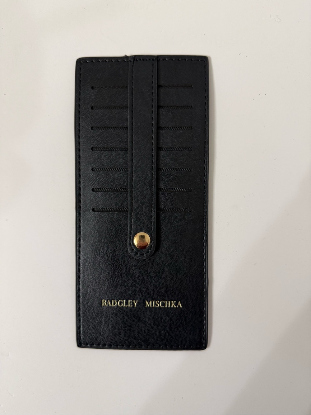 Badgley Mischka Black Leather Card & Key Holder with Gold Snap